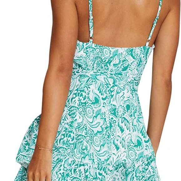 AIMCOO Women's Boho Floral Short Dress Square Neck Sleeveless  Tie Mini Dress - Picture 3 of 6